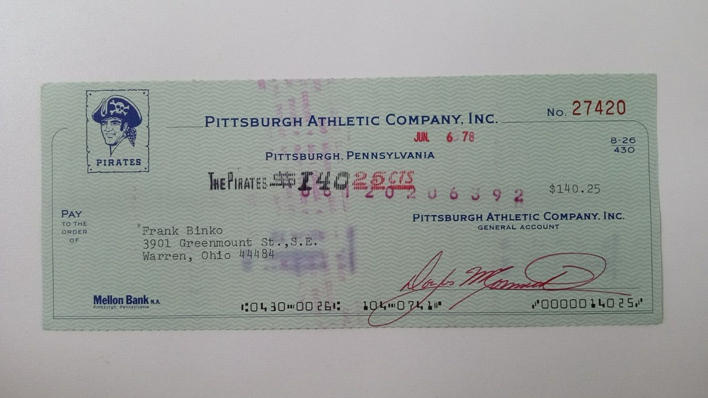 Frank Binko: 1978 Pittsburgh Pirates Expense Check