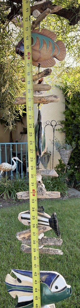 Hazel Olsen Attributed Driftwood Fish Pottery Shells Wind Chime Wall Hanging