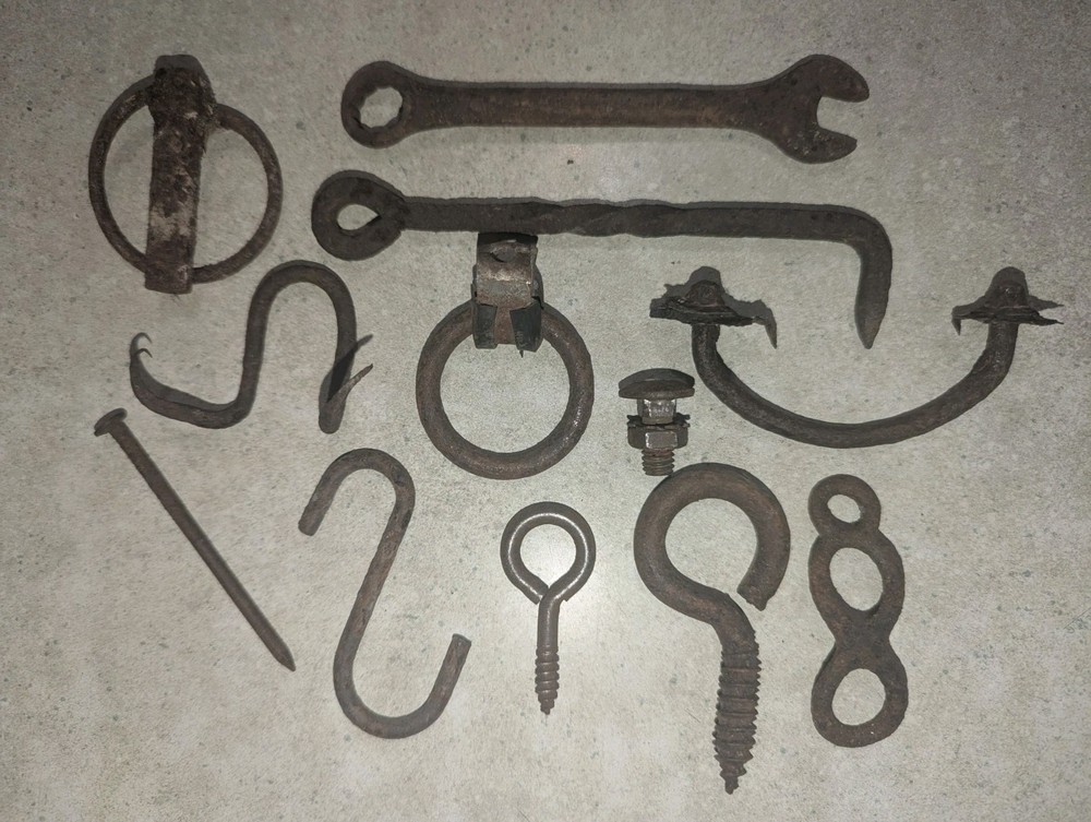 Lot Of 11 Rusty Old Hardware Pcs,Wrench,Hook,Loop,Ring, Handle,Latch,Primitive