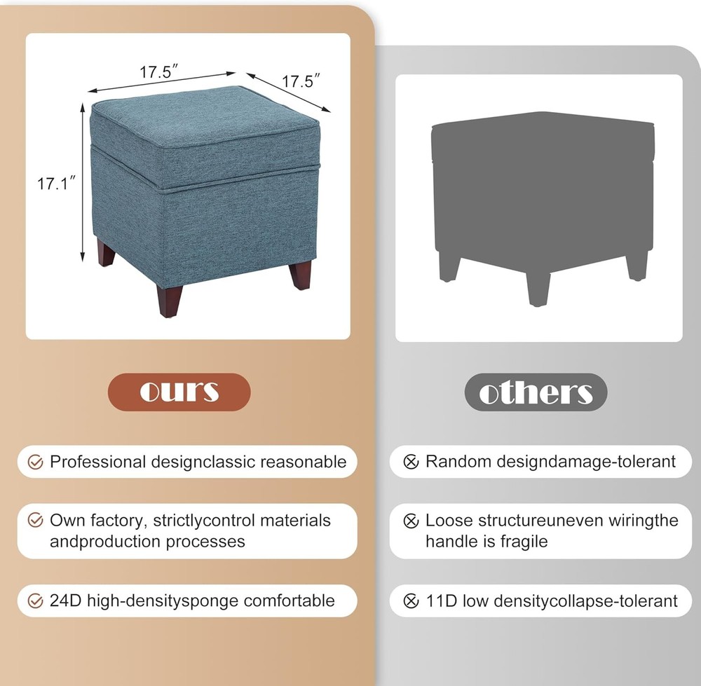Blue storage bench with hinged lid and solid wood legs, linen-covered footstool