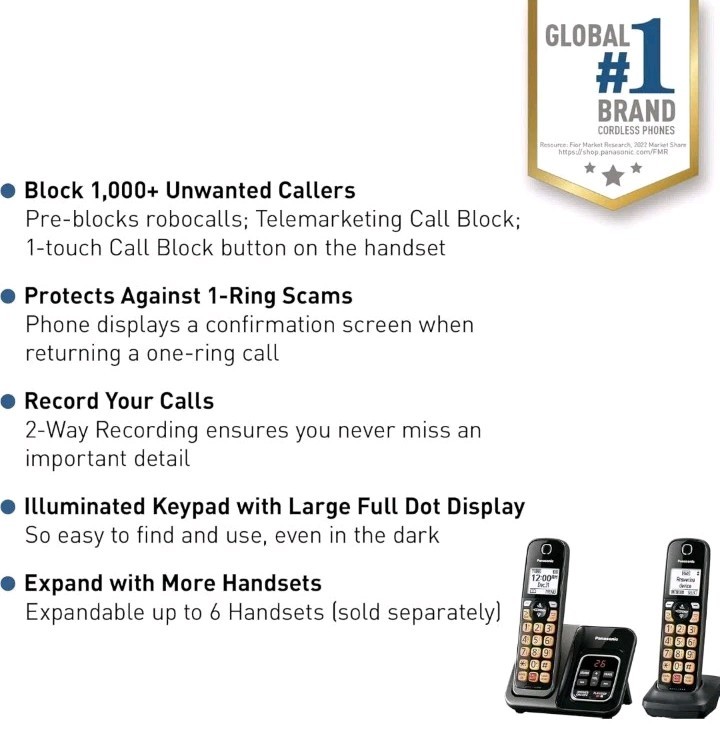 Panasonic Cordless Landline Phone 2 Handsets Advanced Call Blocking Features
