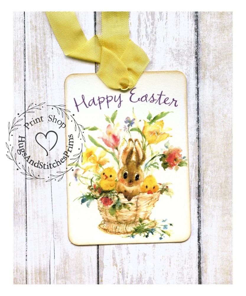 HAPPY EASTER BUNNY CHICKS IN BASKET GIFT or JOURNALING TAGS or MAGNET #329