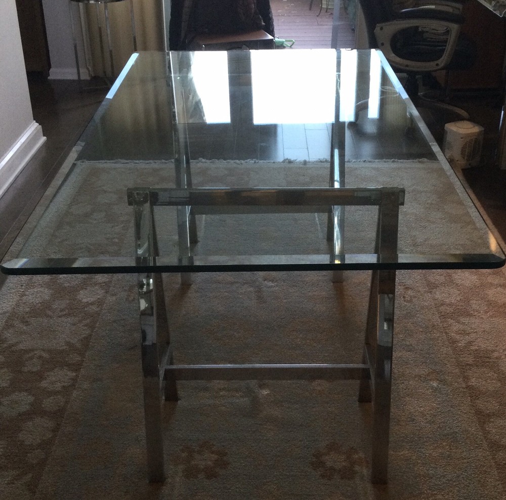 Heavy Glass Top Rectangular Dining Table.  Beveled Edge. Stainless Steel Bases.