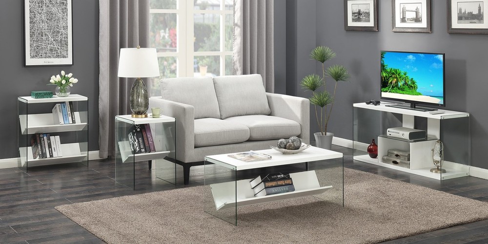 Convenience Concepts SoHo End Shelf Table, White/Glass End Table