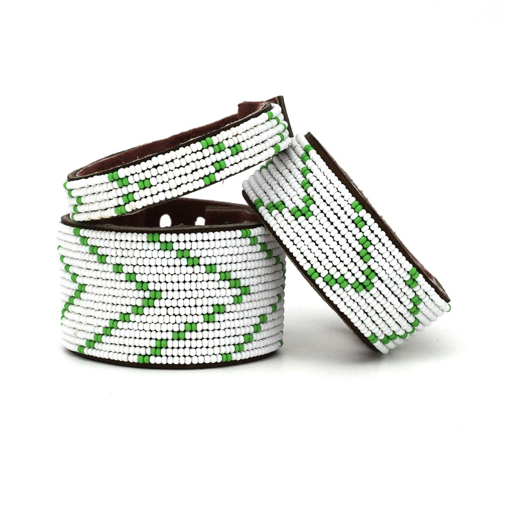Small Green and White Chevron Leather Cuff