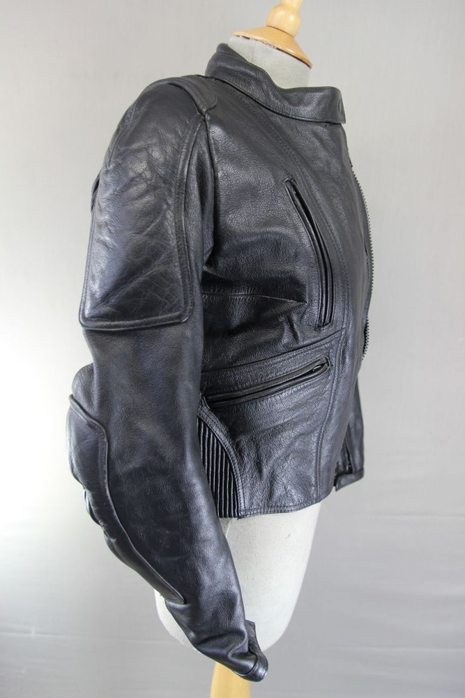 FRANK THOMAS BLACK LEATHER BIKER JACKET WITH CE ARMOUR & THERMAL LINING: SIZE 12