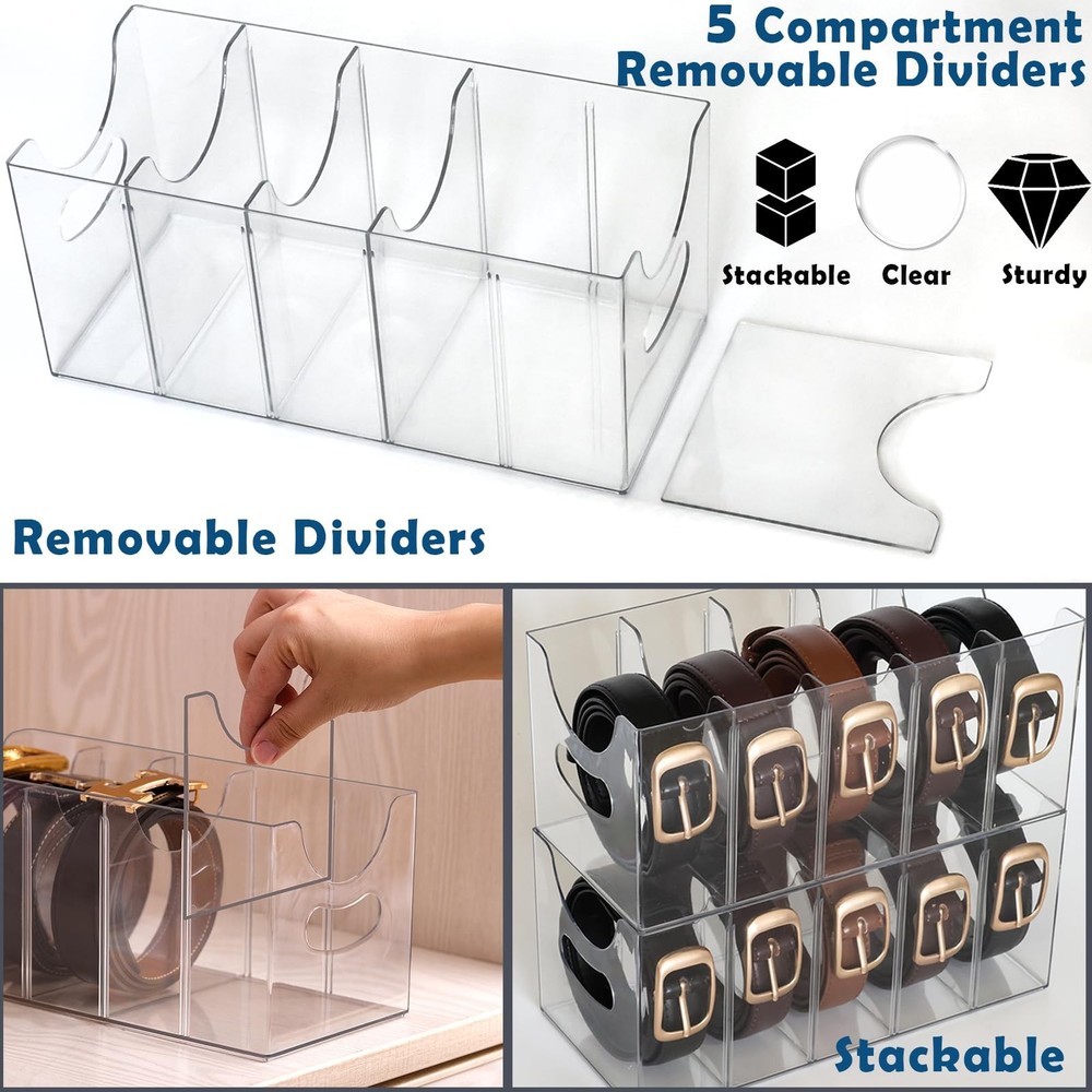 Belt Organizer - Clear Stackable Belt holder for Closet and Drawer Storage - ...