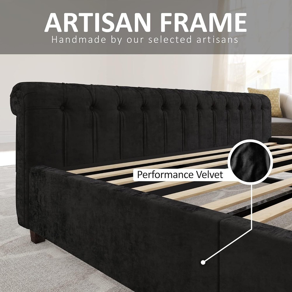 Queen Platform Bed Frame, Chenille Upholstered Sleigh Bed w/Tufted Wingback