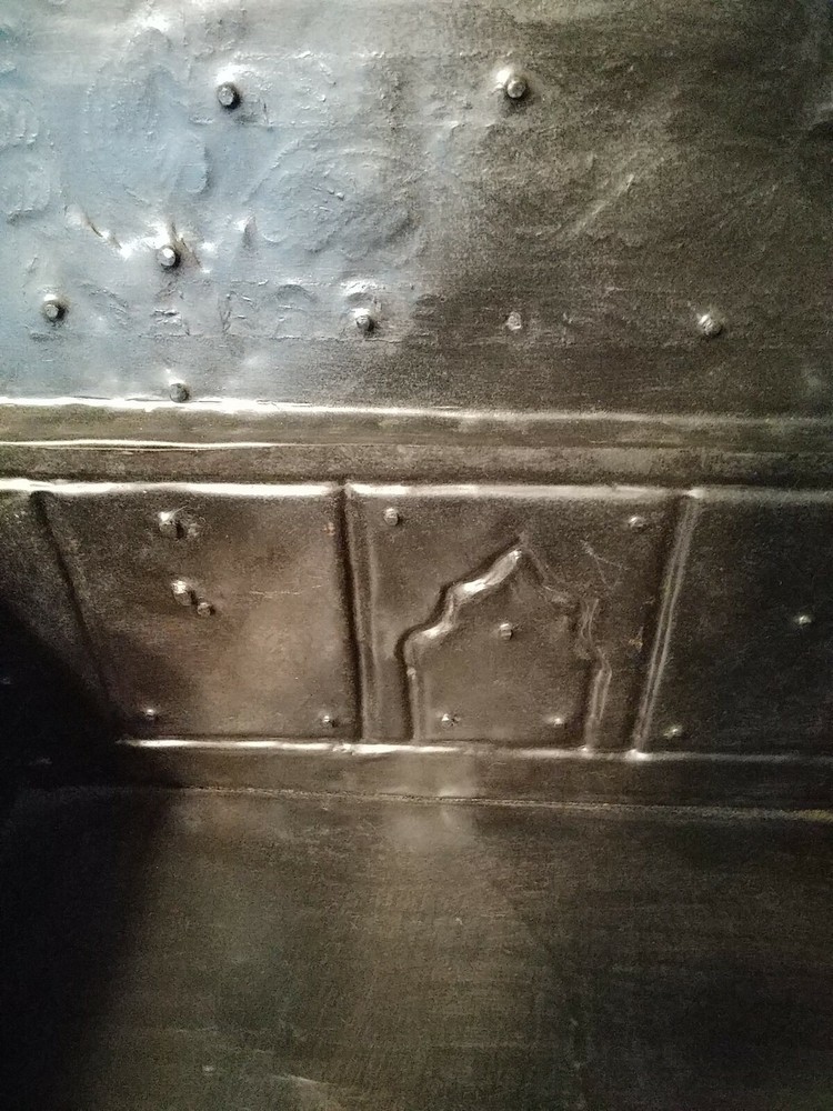 Vintage Metal Document Chest Box w/ Applied Brass Rosettes & Primitive Etching