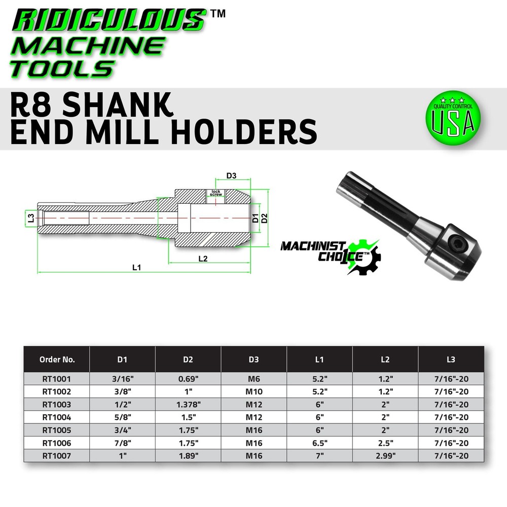 HIGH PRECISION R8 END MILL HOLDER 7/8" Machinist Choice