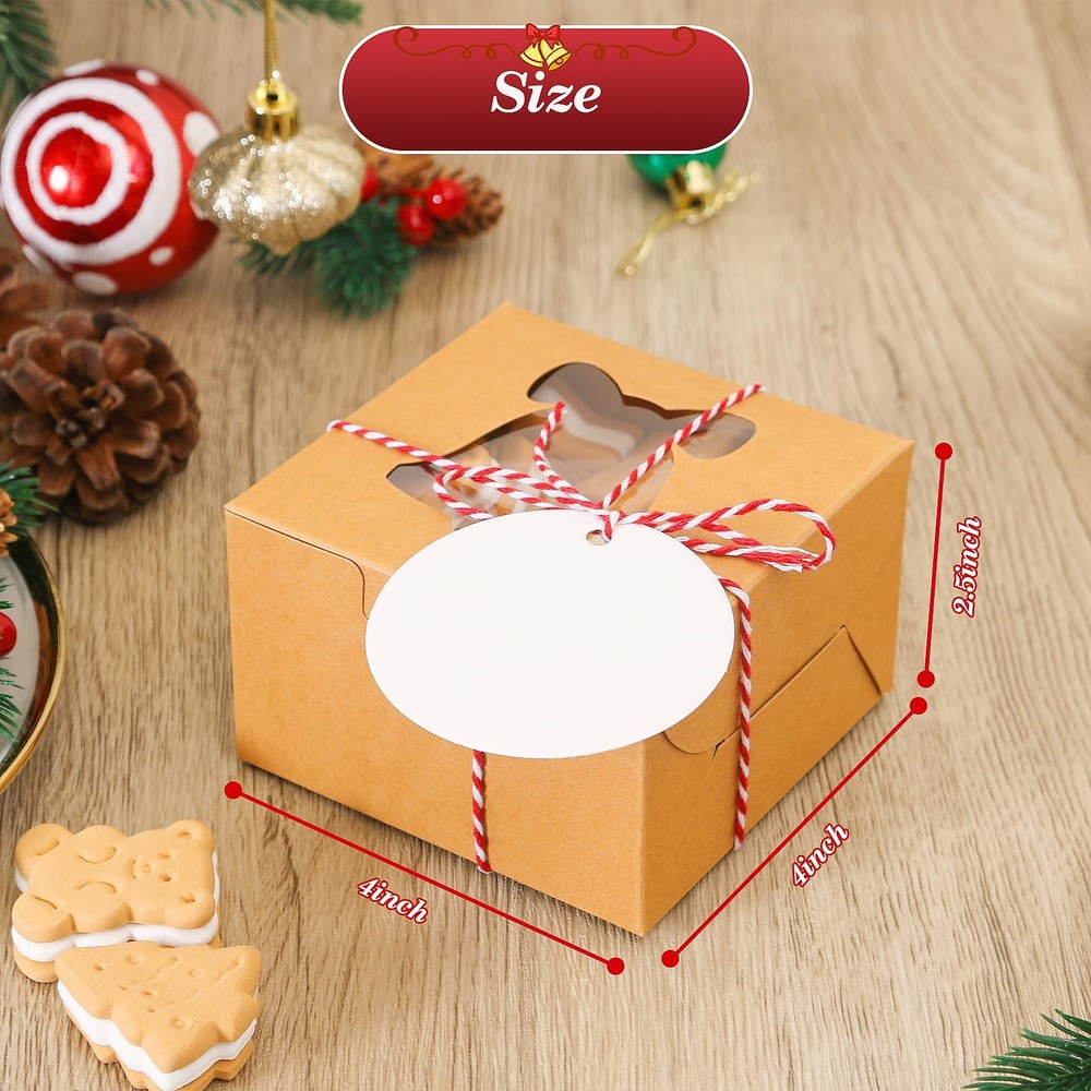 COTOPHER 30Pcs Christmas Cookie Boxes with Window, 4x4x2.5 inch -Brown -30pcs