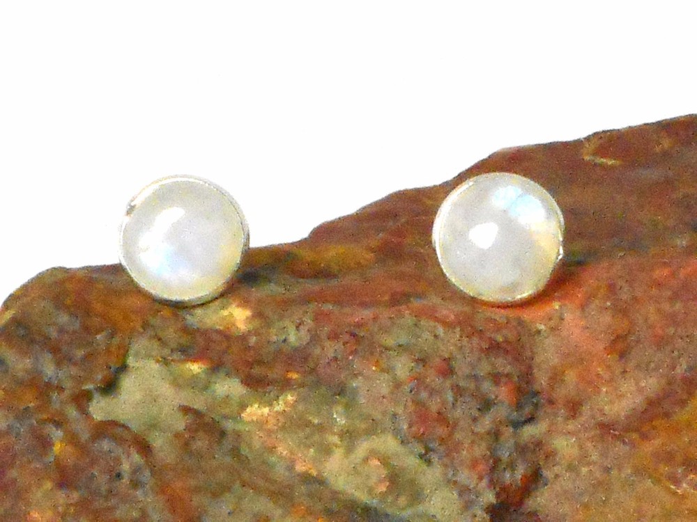 Round Rainbow MOONSTONE Sterling Silver 925 Gemstone Stud Earrings - 8 mm