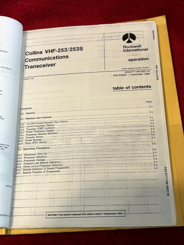 COLLINS VHF 253/253S COMM TRANSCEIVER INSTRUCTION BOOK