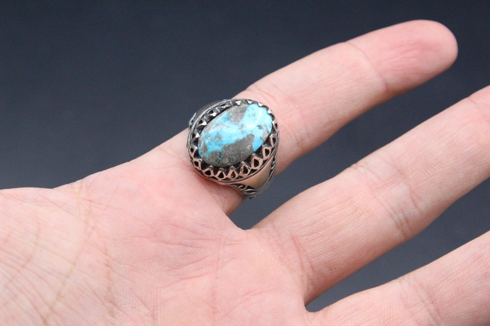 Turkish Silver Ring, Turquoise Stones Ring, Carved Silver Ring, Size 10.5US