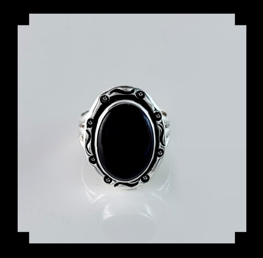 Handcrafted Sterling and Onyx Ring  Size 9