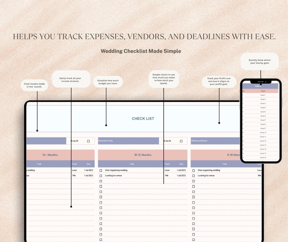 Digital Wedding Planner Spreadsheet Budget Tracker Guest List Checklist