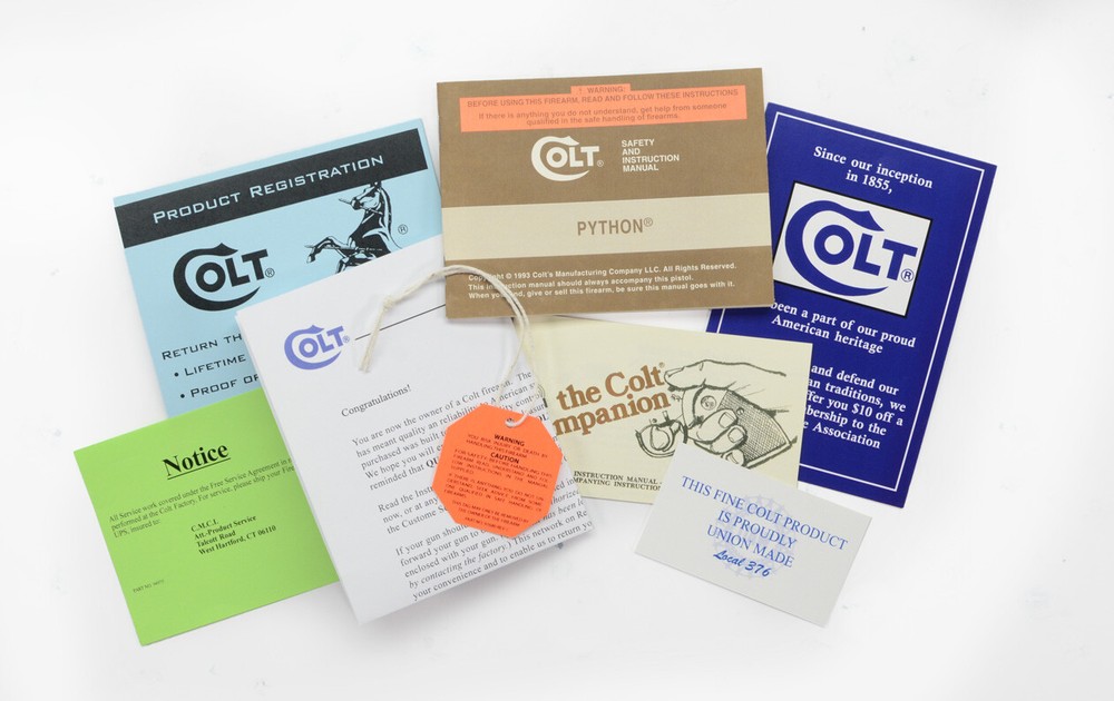 Colt Python Factory Paperwork Packet. 1993 Manual