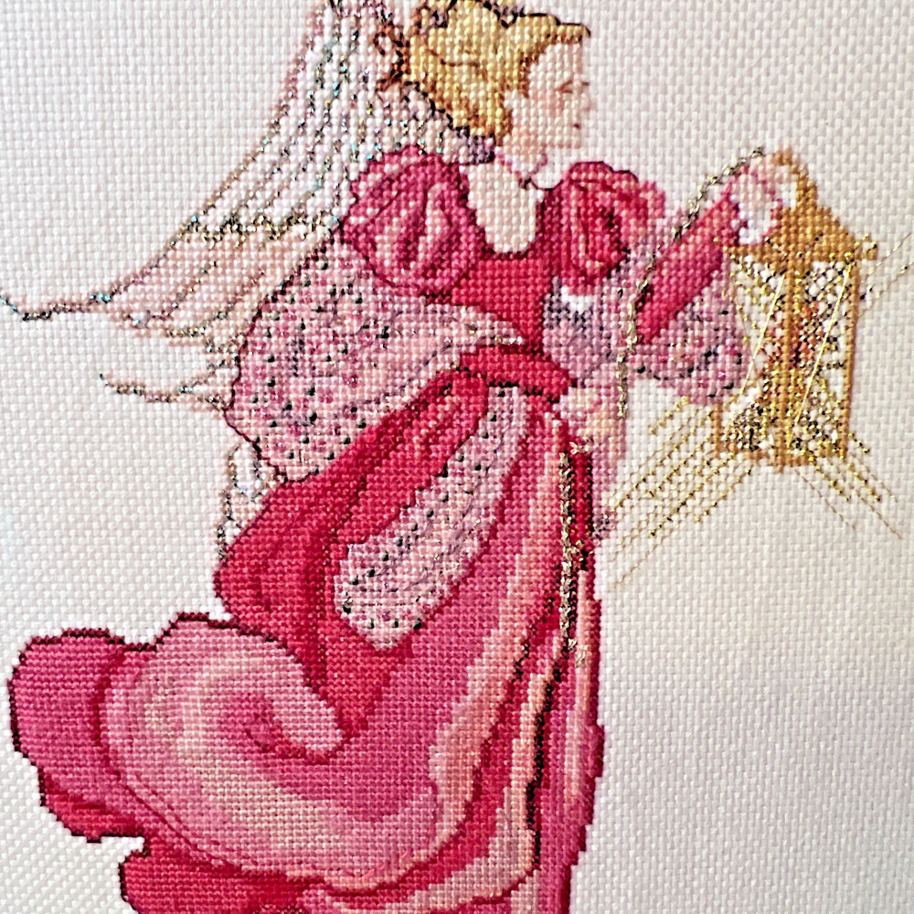 Completed Needlework VNTG. Framed Cross Stitch ANGEL Pink Spring Easter Sparkly!