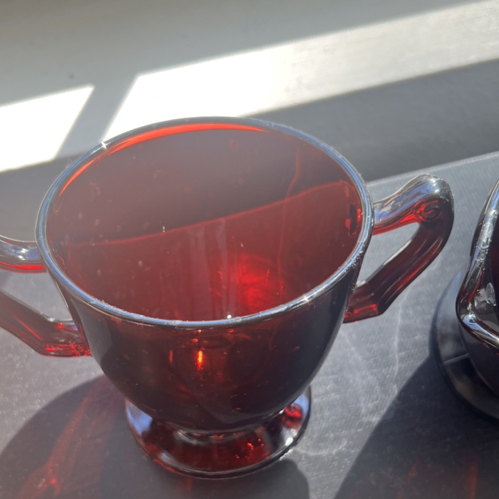 Vintage Anchor Hocking: Footed Creamer & Sugar Set Royal Ruby Red