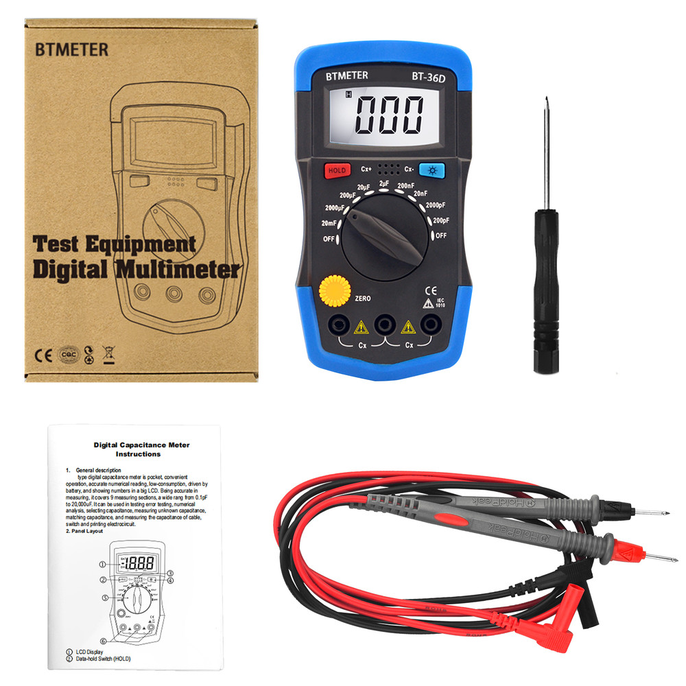 Digital Capacitance Meter Capacitor Tester 2000C 200pF-20mF Handheld Multimeter