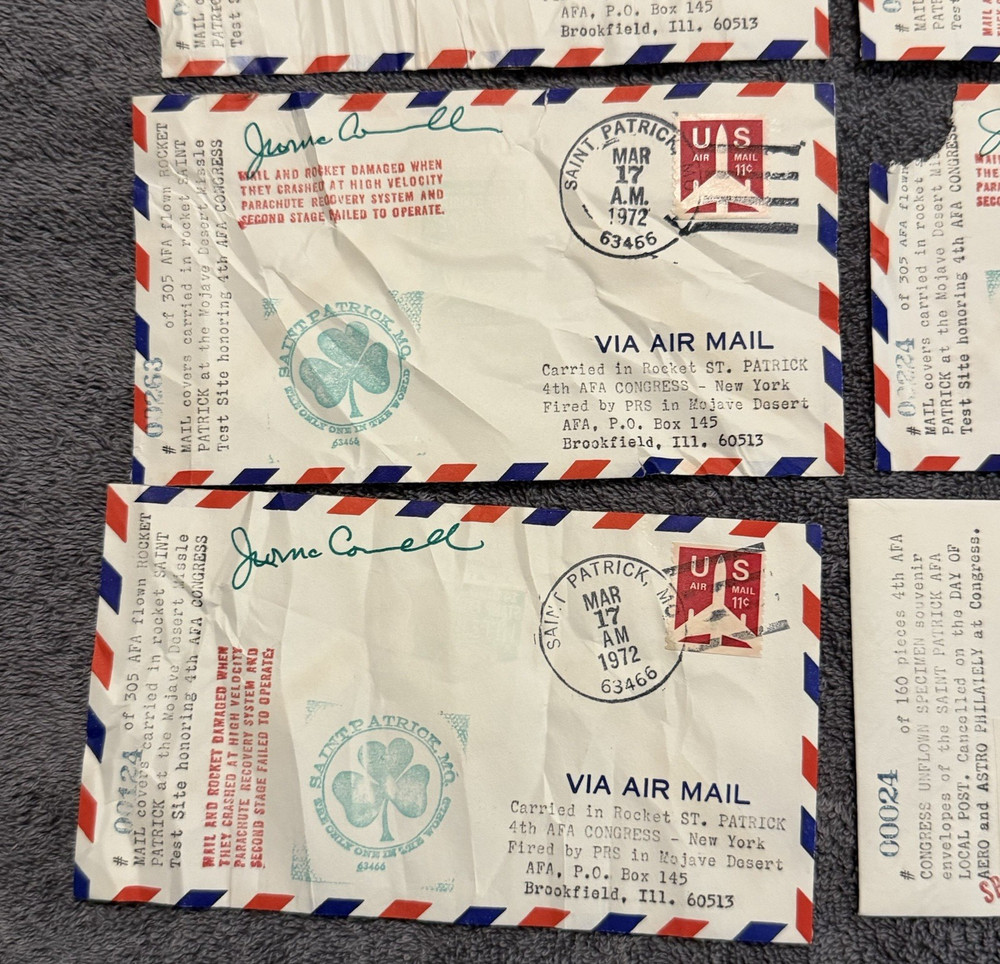 1972 St. Patrick MO Rocket Mail covers (7) + INTERPEX card + 12 labels, crash