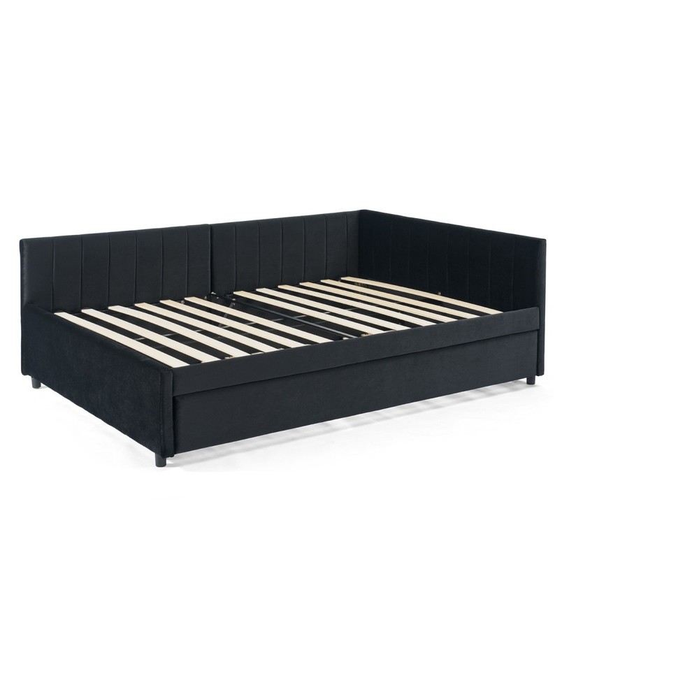 Full Size Daybed Velvet Upholstered Bed Frame Sofa Bed w/ Pull-Out Trundle Black