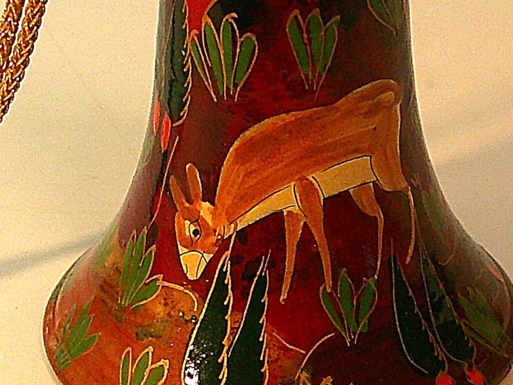 Hand-Painted Red Ceramic Bell With Deer & Forest Scene Ornament
