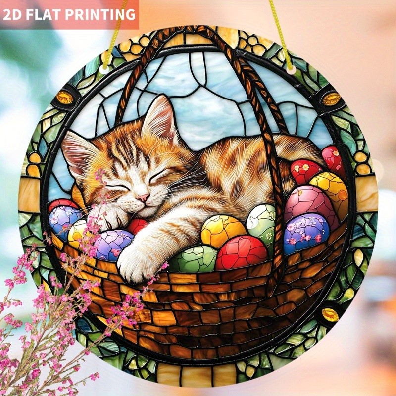 Round Sleeping Cat Acrylic Suncatcher Easter Egg Basket Vibrant Window Decor