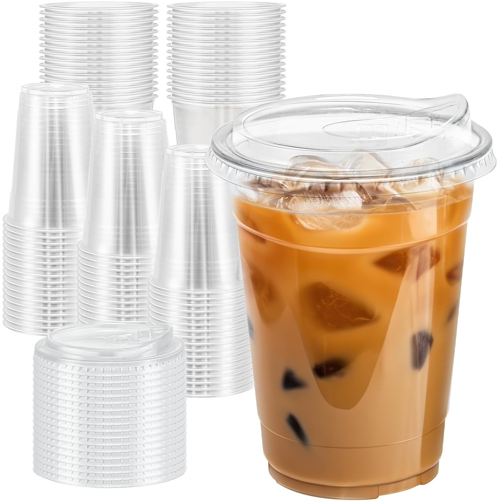 Clawsoff 16 oz 100 Pack Clear Plastic Cups with Lids, Sturdy Iced Coffee Cups...
