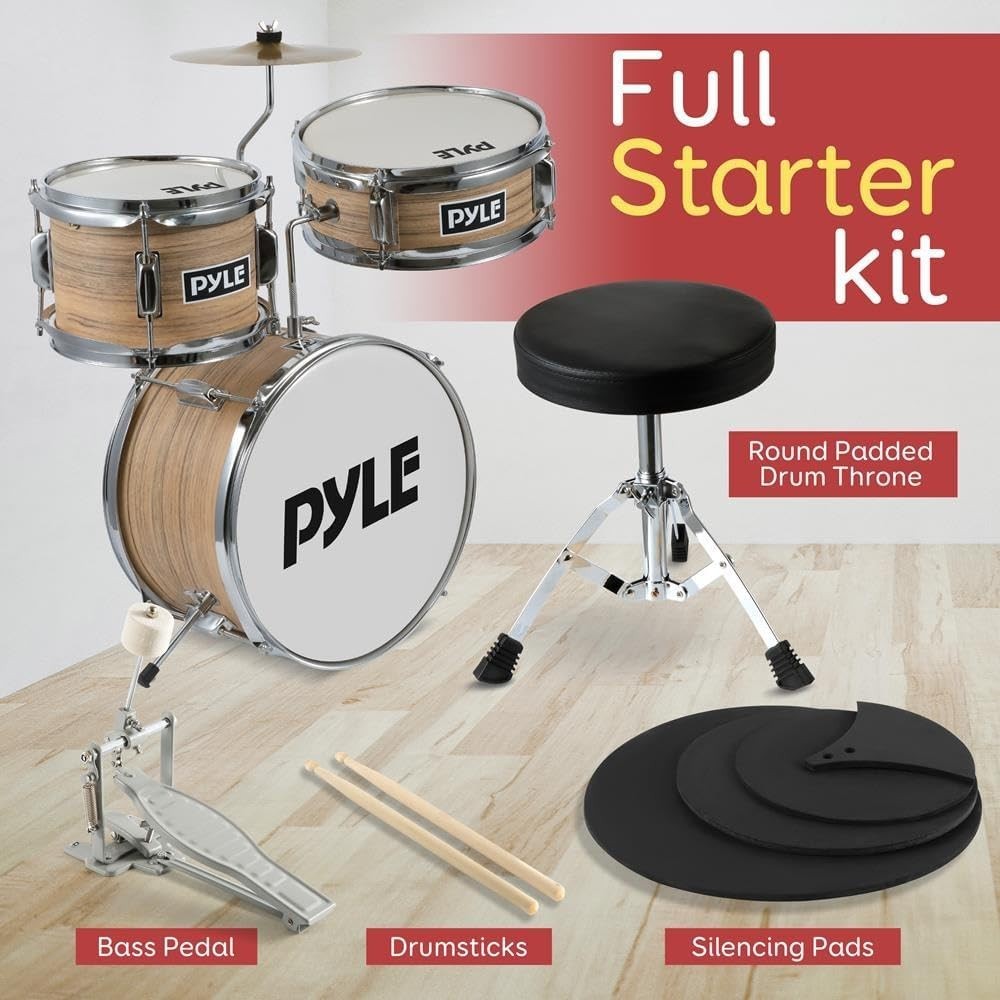 Pyle 3 Pcs Drum Set Beginner Junior Drummer Kit-Adjustable Throne -Natural