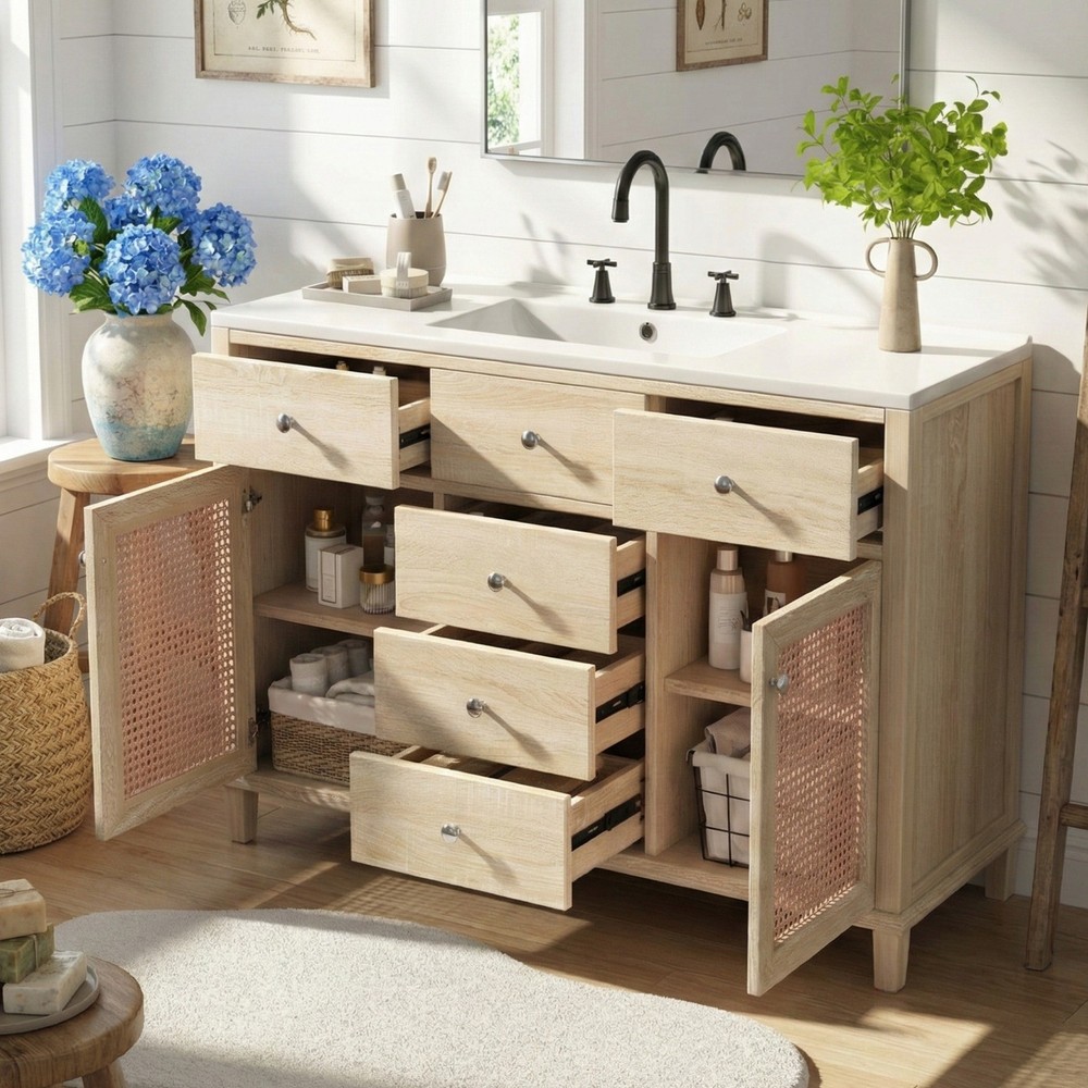 Natural Rattan Bathroom Vanity 48"/2 Cabinets/Sink & Solid Wood Frame Fre Ship