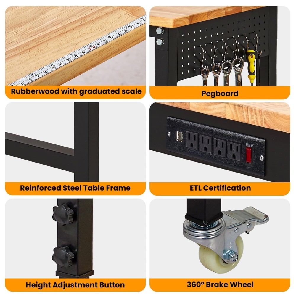 48" Adjustable Workbench 2000Lbs Load Work Bench with Pegboard & Power Outlets