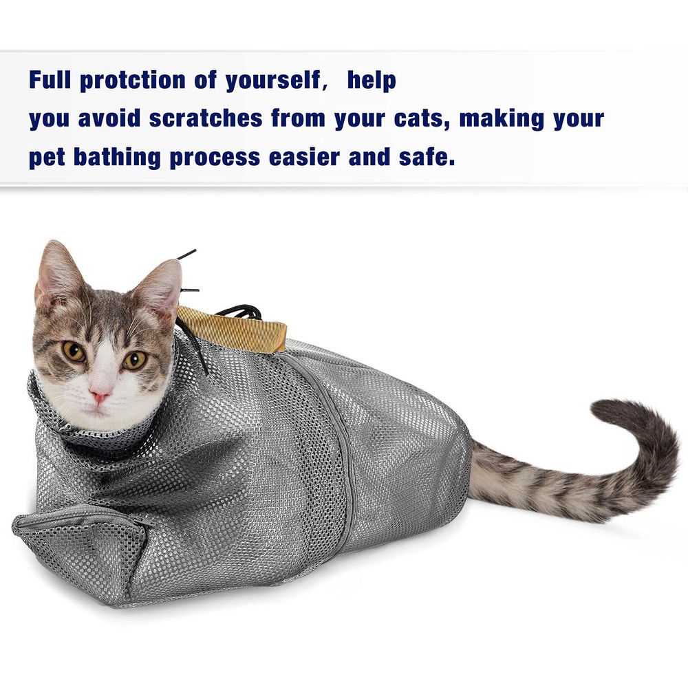 2 PCS Gray Cat Grooming Bag with Breathable Mesh Muzzle Restraint for Bathing