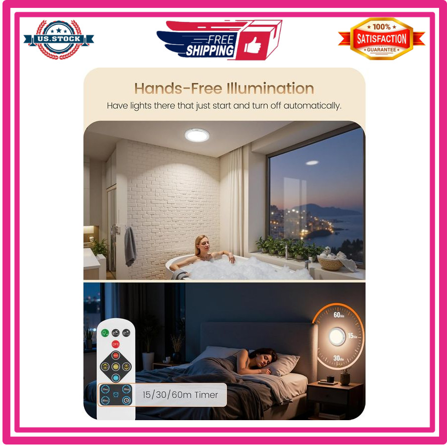 Rechargeable Motion Sensor Ceiling Light Wireless Dimmable Remote 3 Color