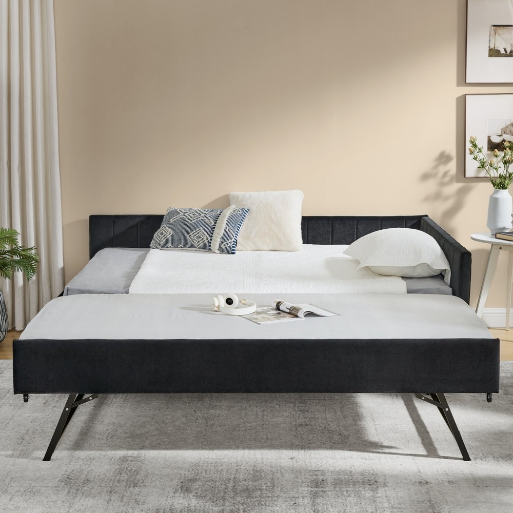 Full Size Daybed Velvet Upholstered Bed Frame Sofa Bed w/ Pull-Out Trundle Black