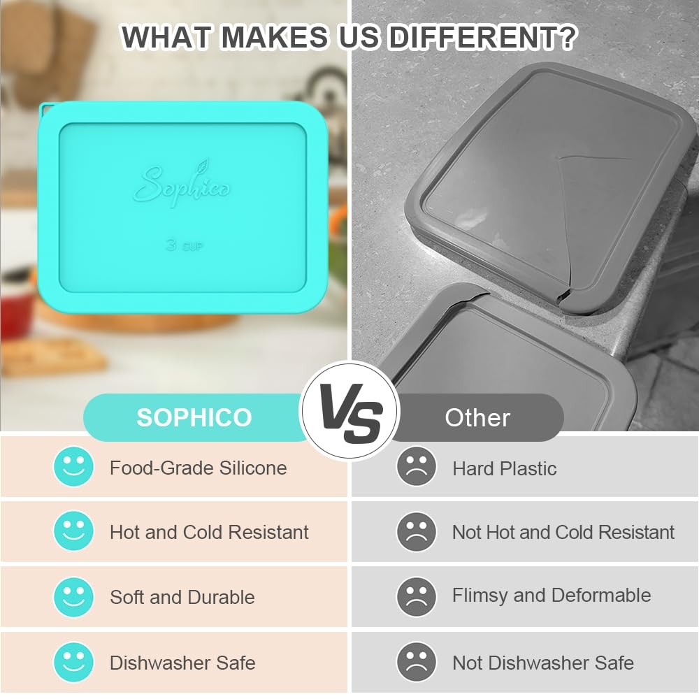 3 Cup Rectangle Silicone Storage Cover Lids Replacement for Pyrex 7210-PC Gla...