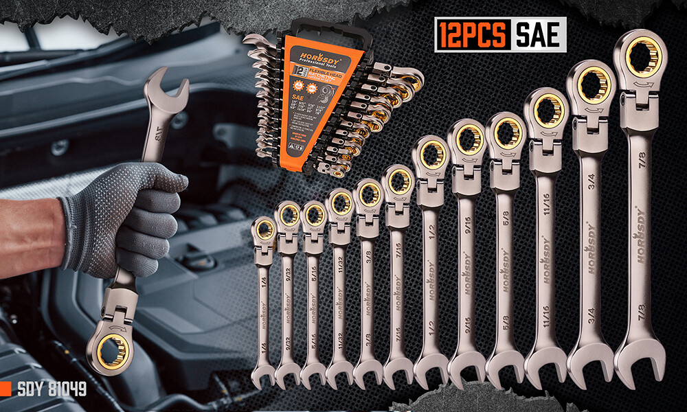 12PC Flex-Head Ratcheting Wrench Set Set with Organizer SAE Combination Spanner