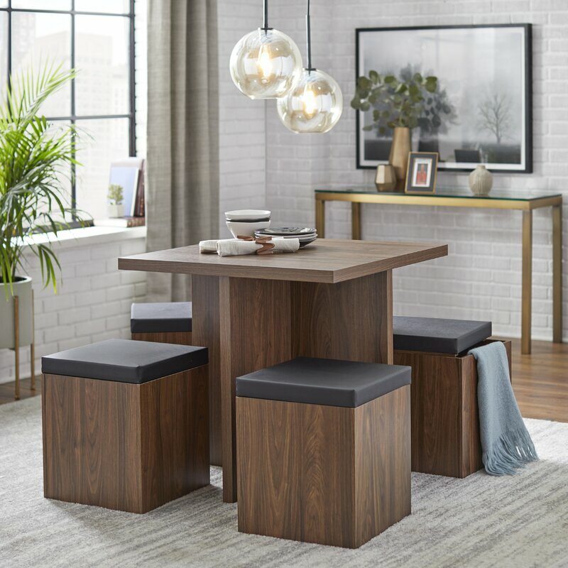 Walnut Brown Wooden 5 pc Dining Set 4 Storage Stools Table Kitchen Nook Dinette