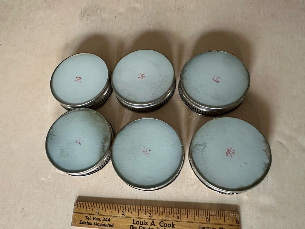 6 Vtg Reverse Glass & Silverplate Coasters Egypt Pyramid Art Deco Pattern Japan