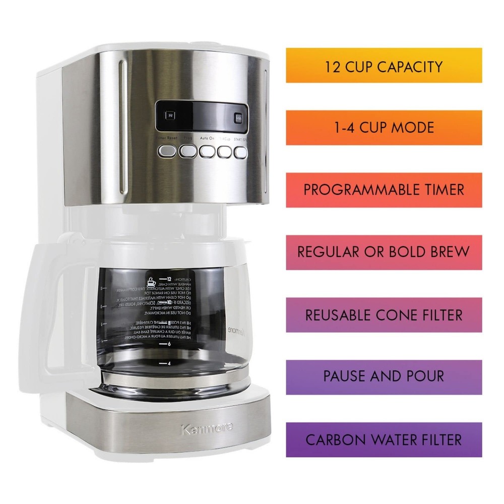 Kenmore drip Coffee Maker - 12 Cup programmable cafe machine Small, White