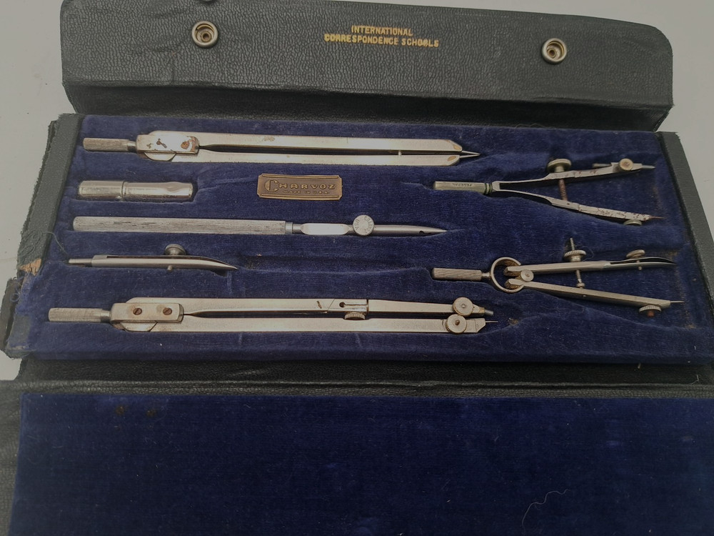 Charvos Drafting Set Engineering Mechanical Tools & Case 7 Piece Vintage READ