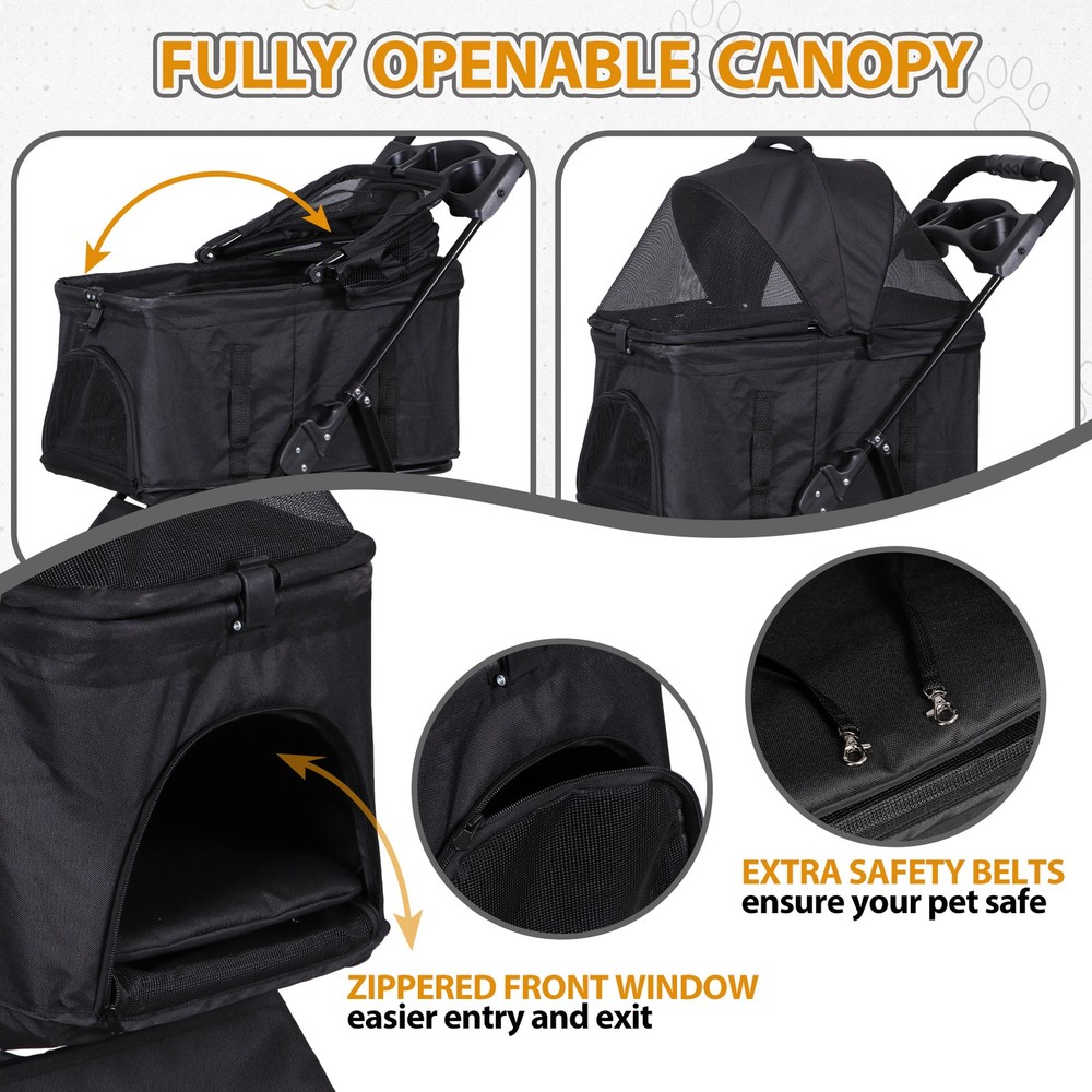 Dog Stroller Cat Stroller 3-in-1 Multifunctional with 4 Wheels Black Foldable