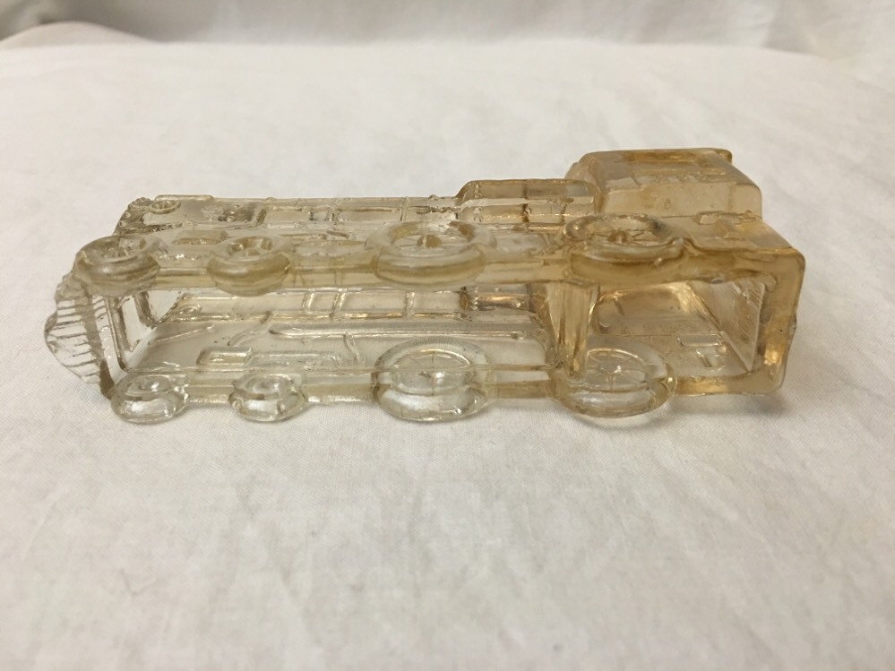 Vintage "888 TRAIN ENGINE" Glass Candy Container Clear w/Pinkish Cast 5" Long
