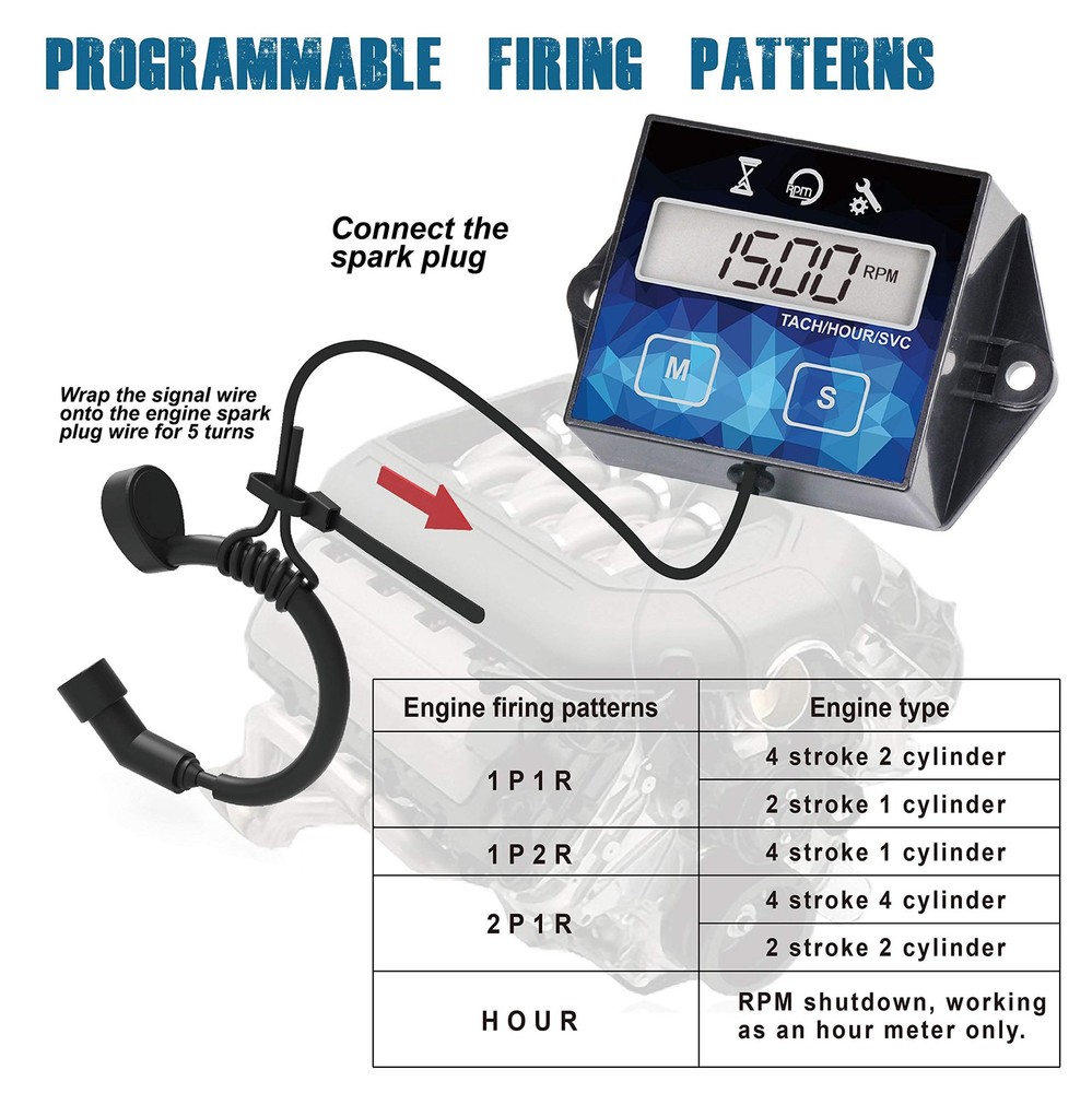 Small Engine Hour Meter, Digital Tachometer, Maintenance Reminder, Battery Re...