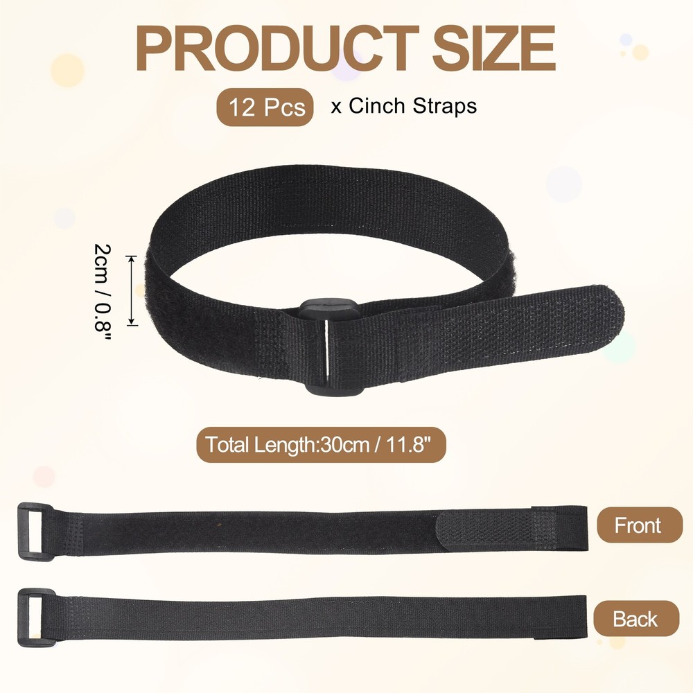 12pcs Reusable Cinch Straps 0.8"x11.8" Hook and Loop Cable Securing Strap, Black