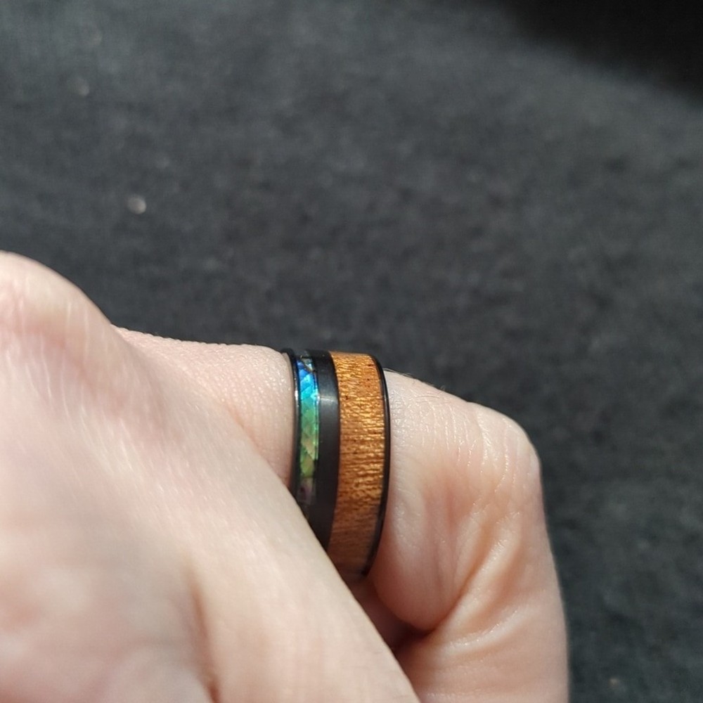 Black Brown Wood and Abalone Inlay Statement Ring - Size 7