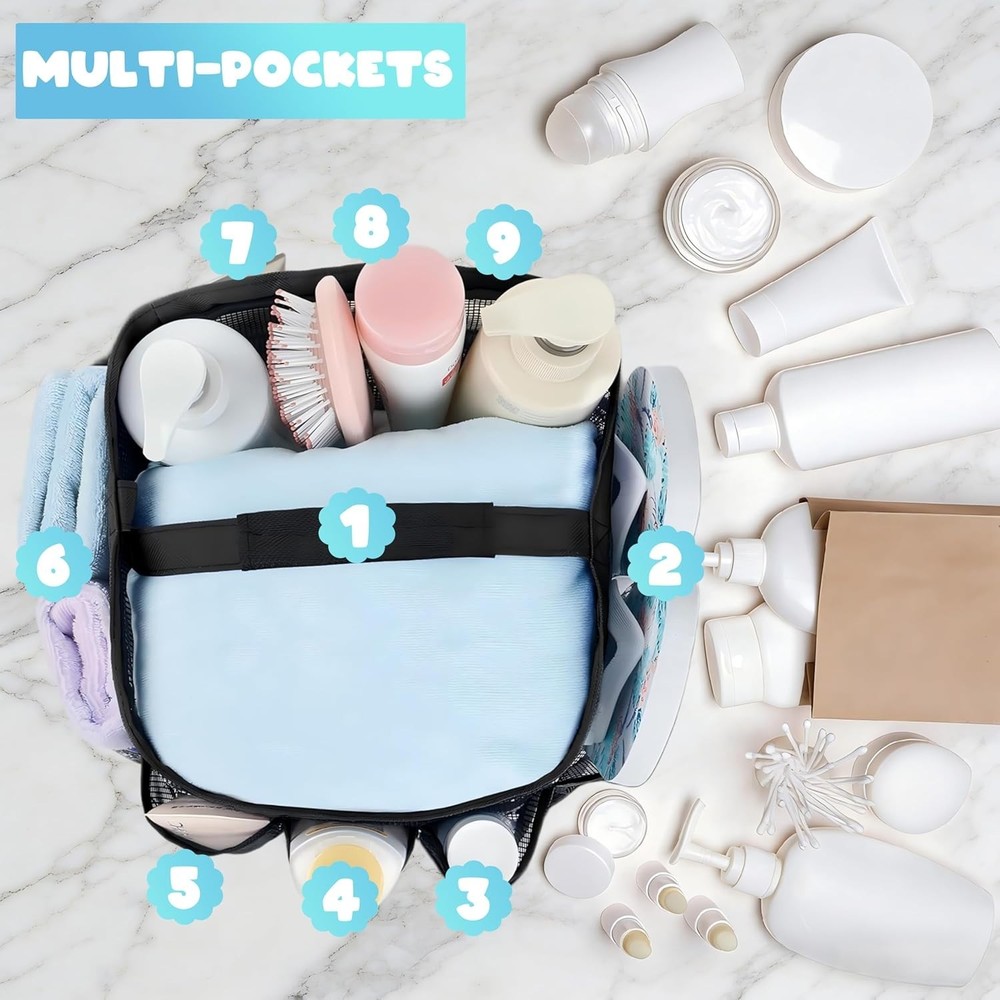 Durable Hanging Shower Bag with 8 Storage Pockets - Travel Friendly Design