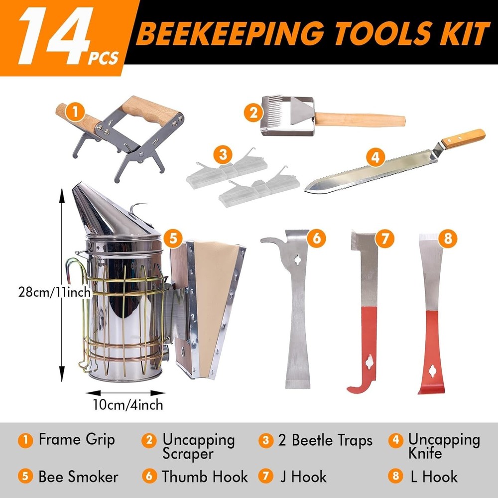 14 Pcs Beekeeping Tools Starter Kit, Bee Keeping Supplies-All Bee Hive Tools ...