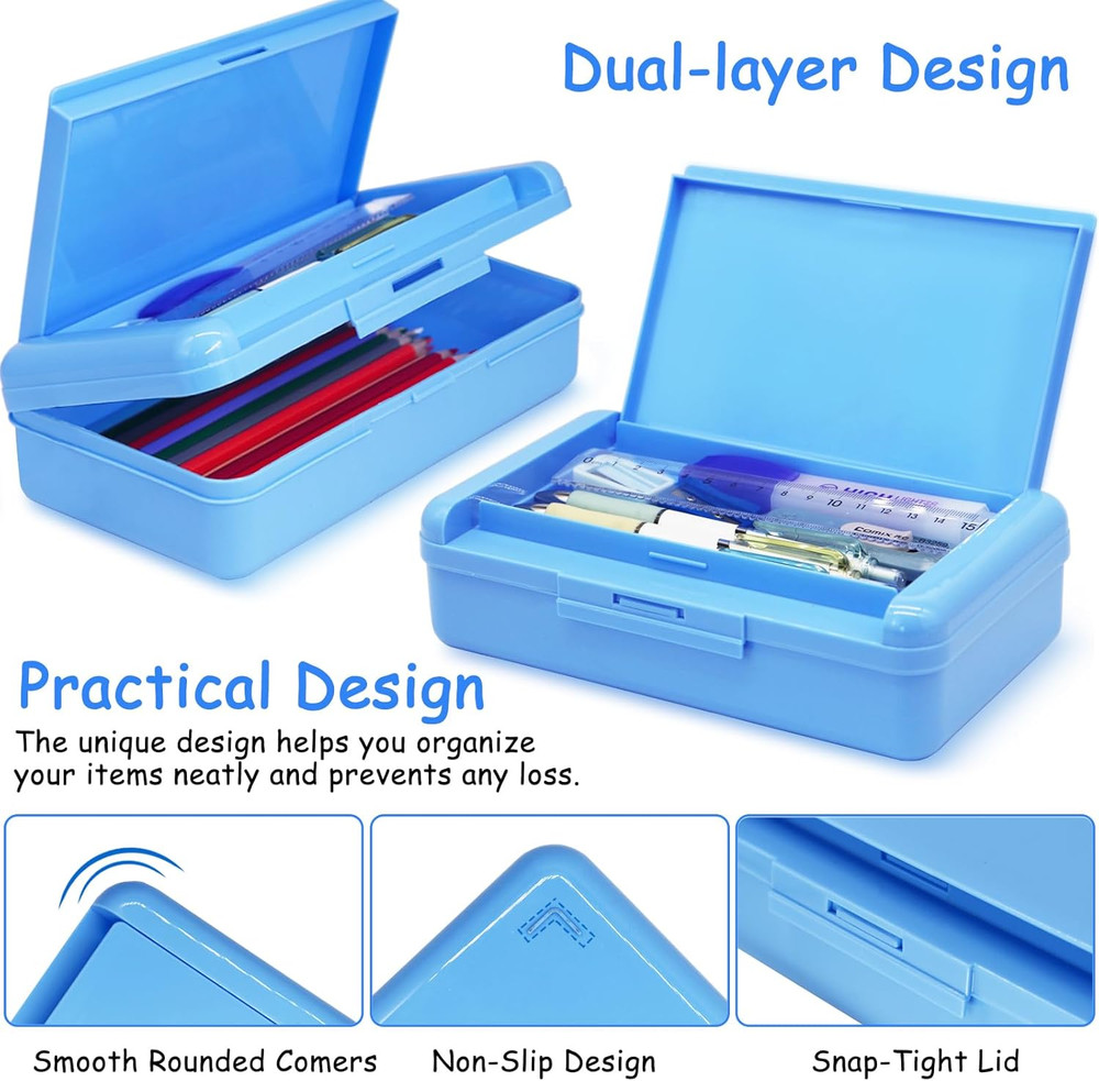 Double Layer Pencil Box, Hard Pencil case 2 Compartments, Plastic Large Capacity
