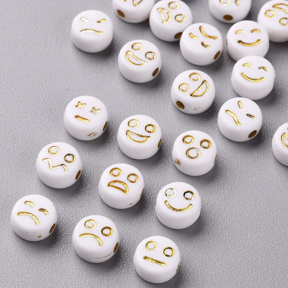 7MM White Round Acrylic with Gold Mixed Faces Beads